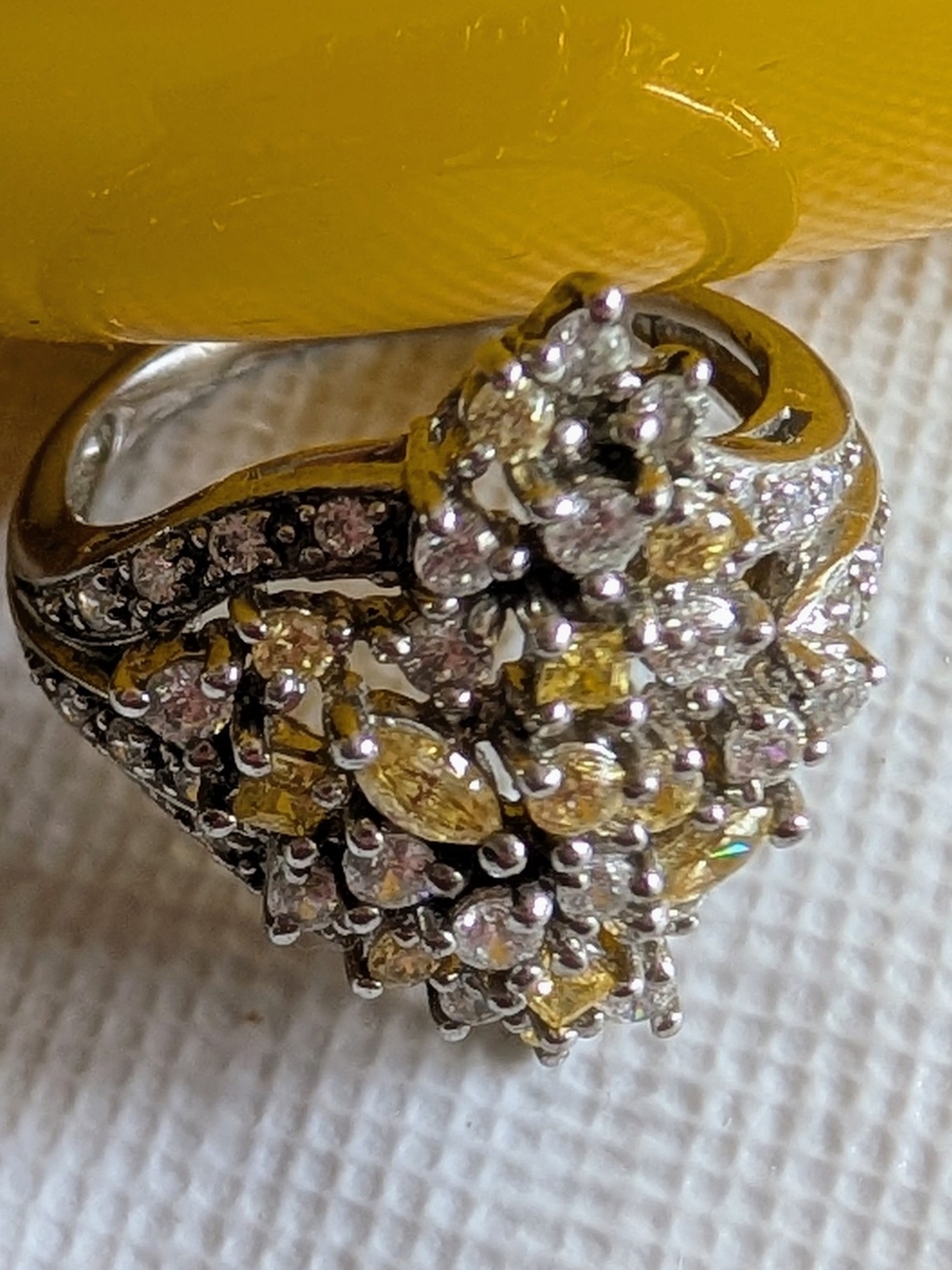 925 Two-Tone Yellow and Clear stone Sterling Silver Floral Cluster Ring